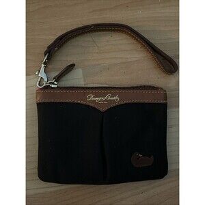 Dooney & Bourke Black Nylon Wristlet Wallet Duck Logo Brown Leather Trim Vintage